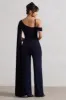 Jelena | Navy Asymmetric Draped Straight-Leg Jumpsuit With Cape Sleeve sold by Club L London