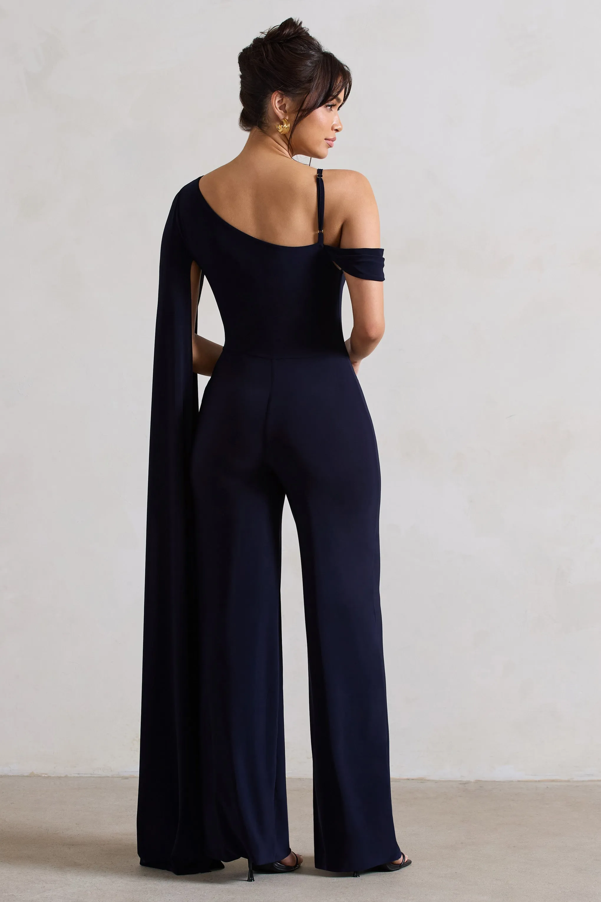 Jelena | Navy Asymmetric Draped Straight-Leg Jumpsuit With Cape Sleeve sold by Club L London product image thumbnail 2