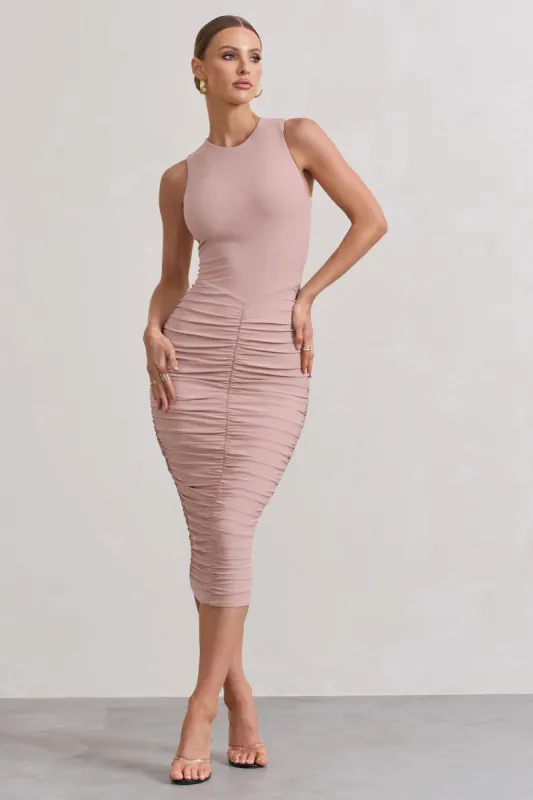 Antonia | Champagne Sleeveless Ruched Bodycon Midi Dress sold by Club L London