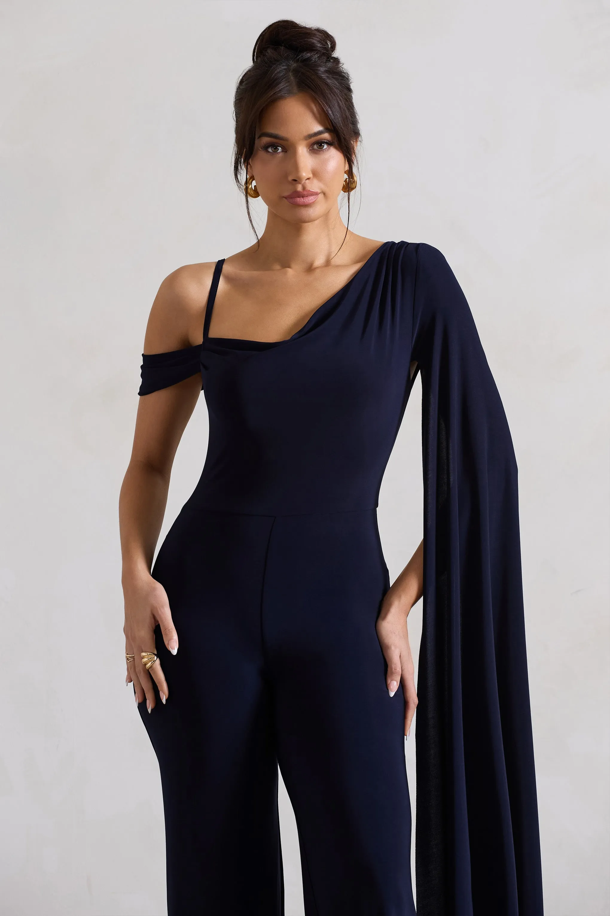 Jelena | Navy Asymmetric Draped Straight-Leg Jumpsuit With Cape Sleeve sold by Club L London product image thumbnail 3