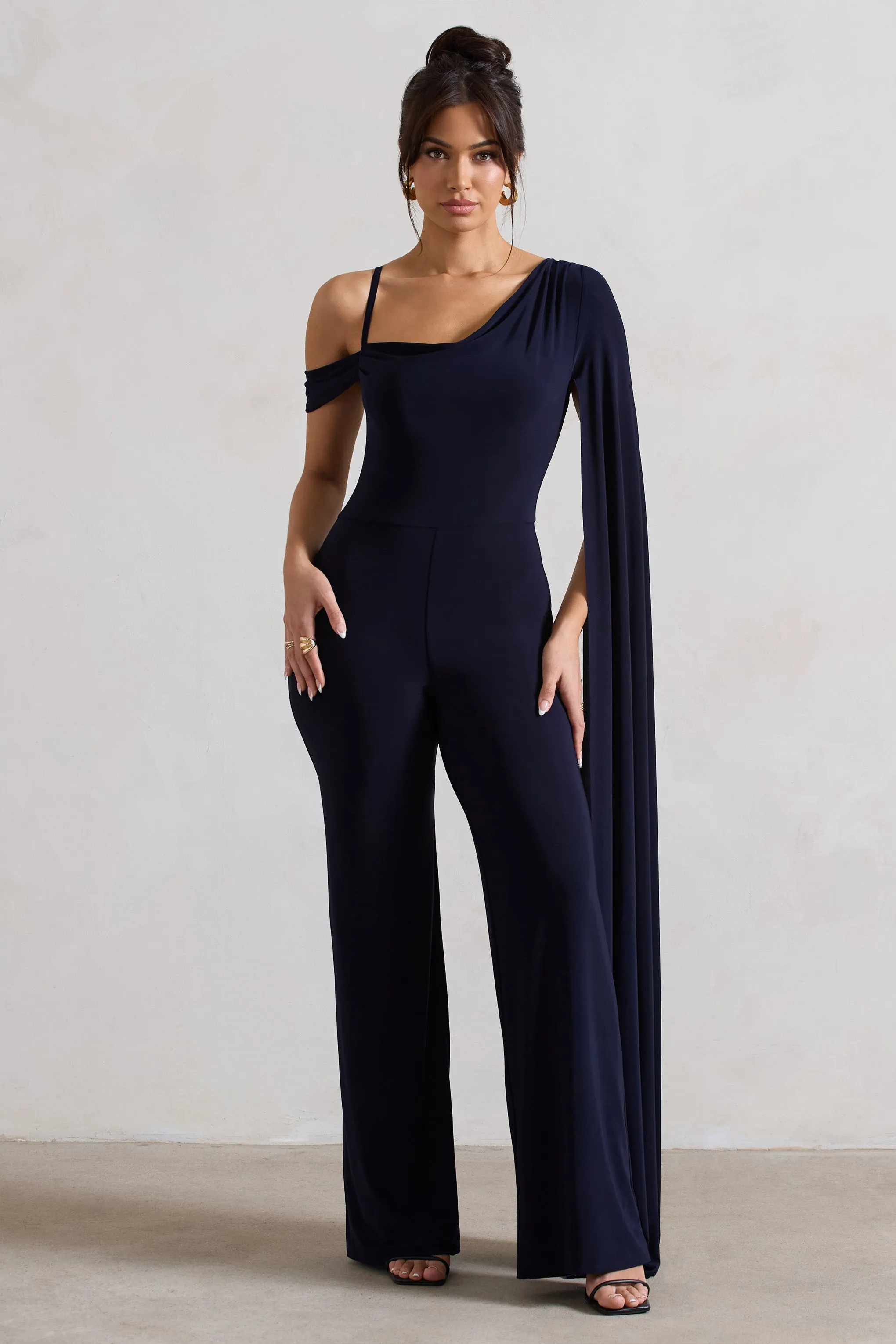 Jelena | Navy Asymmetric Draped Straight-Leg Jumpsuit With Cape Sleeve sold by Club L London product image thumbnail 5