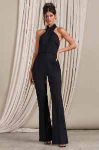 Don't Cross Me | Black Halter Neck Tailored Buttoned Sleeveless Jumpsuit sold by Club L London