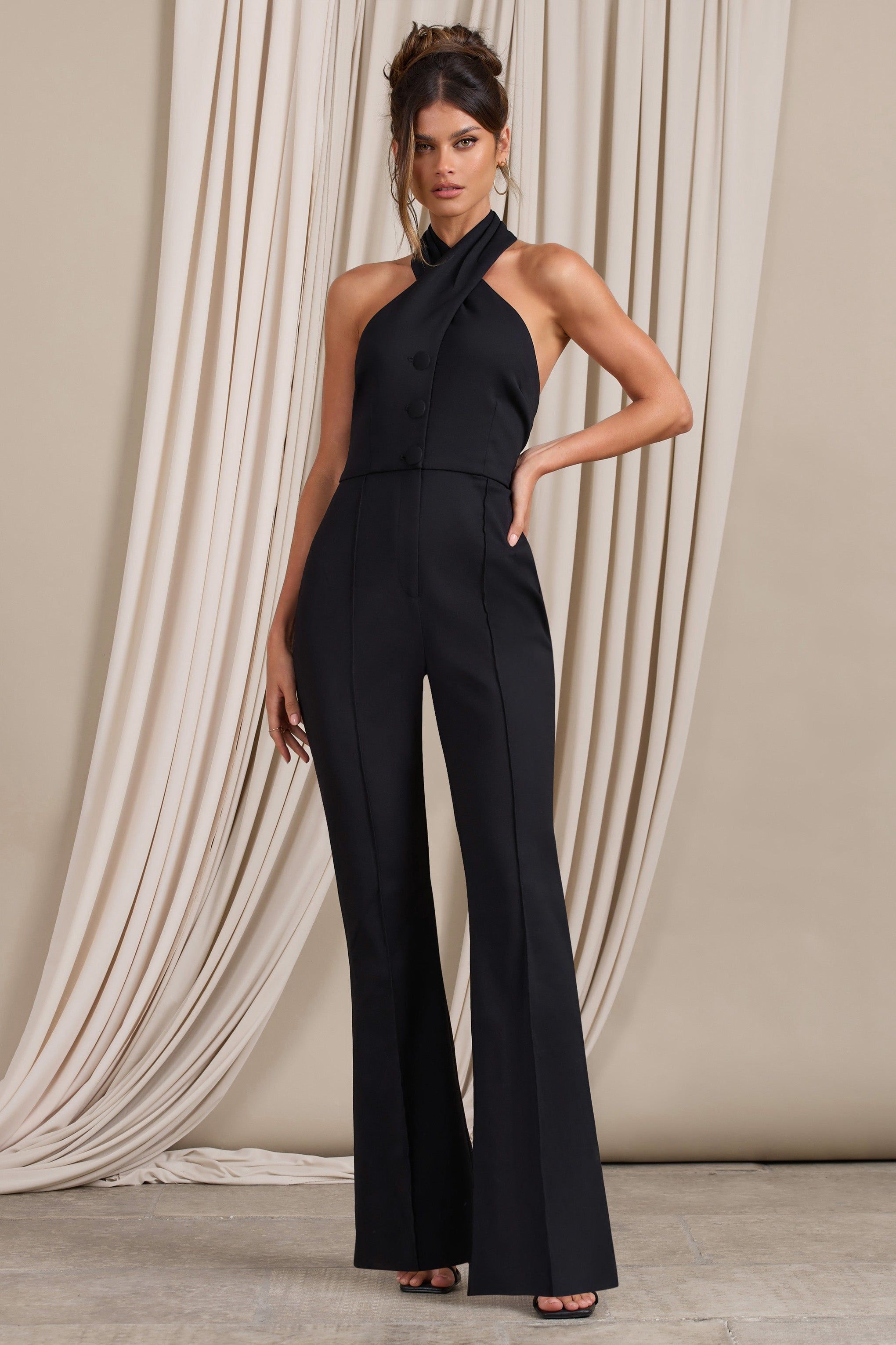 Don't Cross Me | Black Halter Neck Tailored Buttoned Sleeveless Jumpsuit sold by Club L London product image thumbnail 4