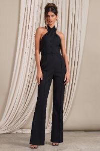 Don't Cross Me | Black Halter Neck Tailored Buttoned Sleeveless Jumpsuit sold by Club L London