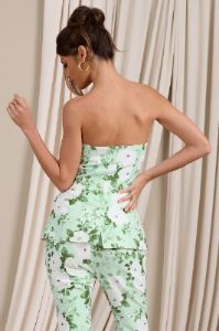 Elliana | White & Green Floral Print Strapless Bandeau Button Front Tailored Top sold by Club L London