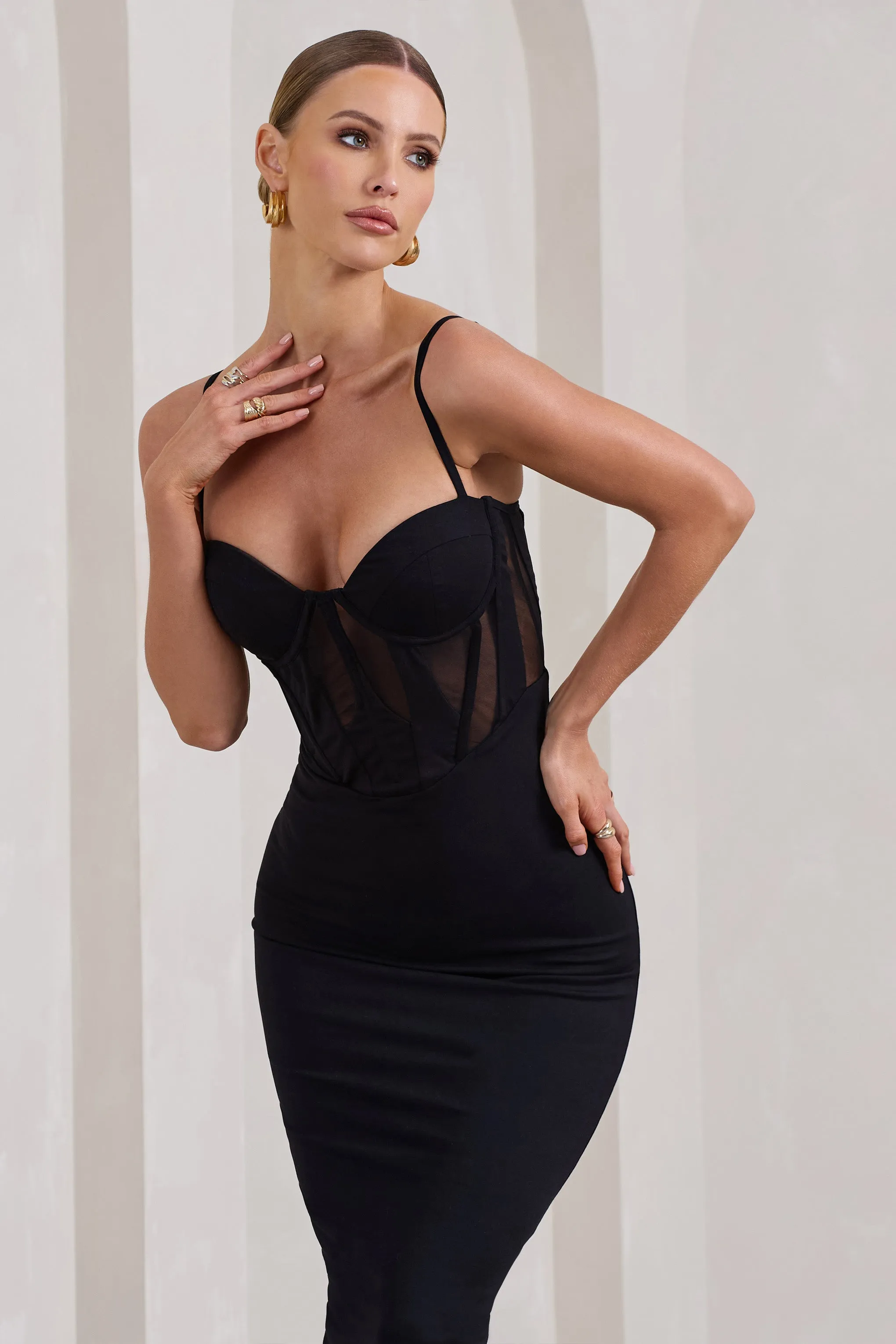 Lucid Dream | Black Strappy Mesh Corset Midi Dress sold by Club L London product image thumbnail 2