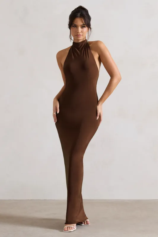 Larisa | Dark Brown Cowl Halter-Neck Maxi Dress With Back Detail made by Club L London