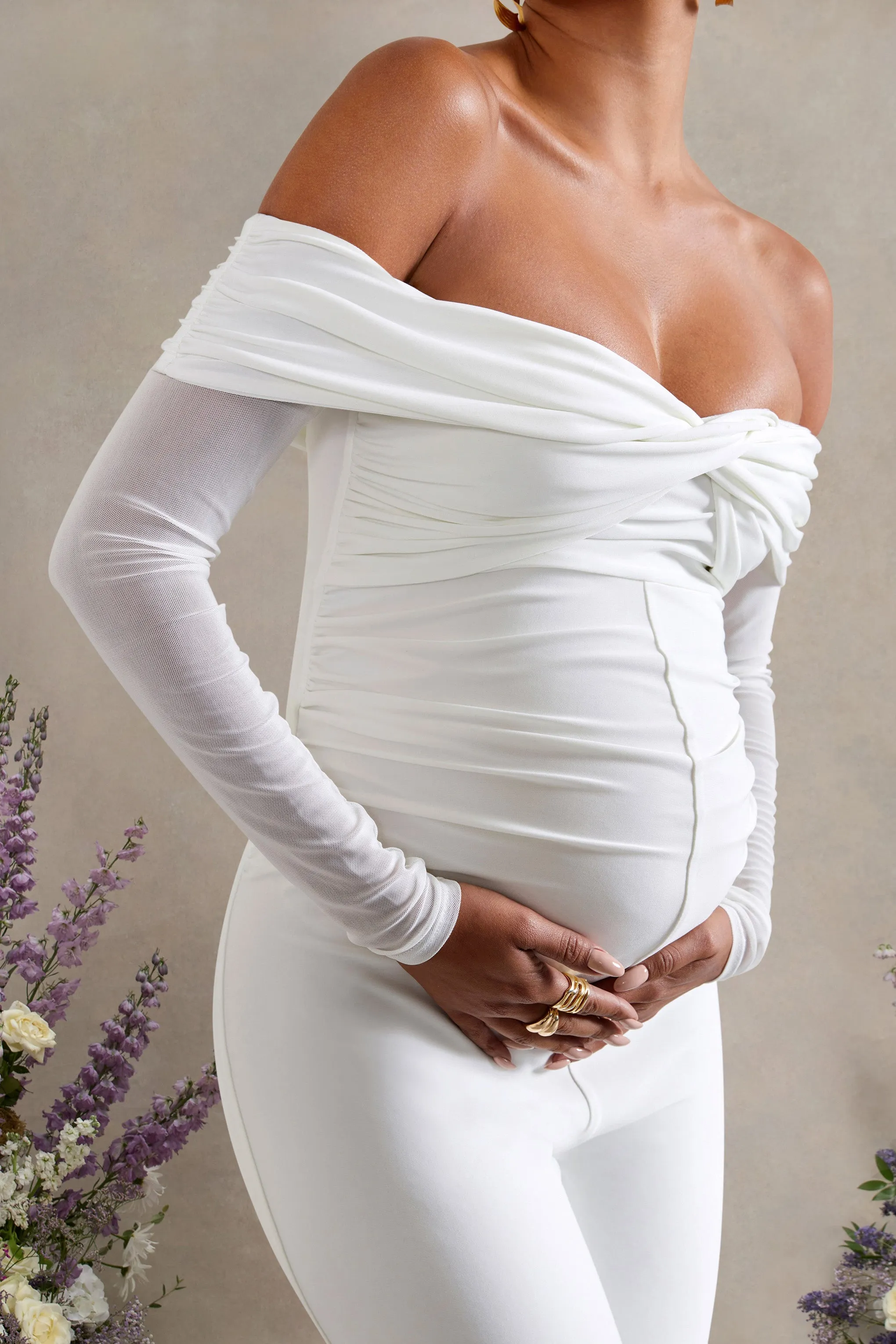Kyla | White Ruched Bardot Long-Sleeved Wide-Leg Maternity Jumpsuit sold by Club L London product image thumbnail 3