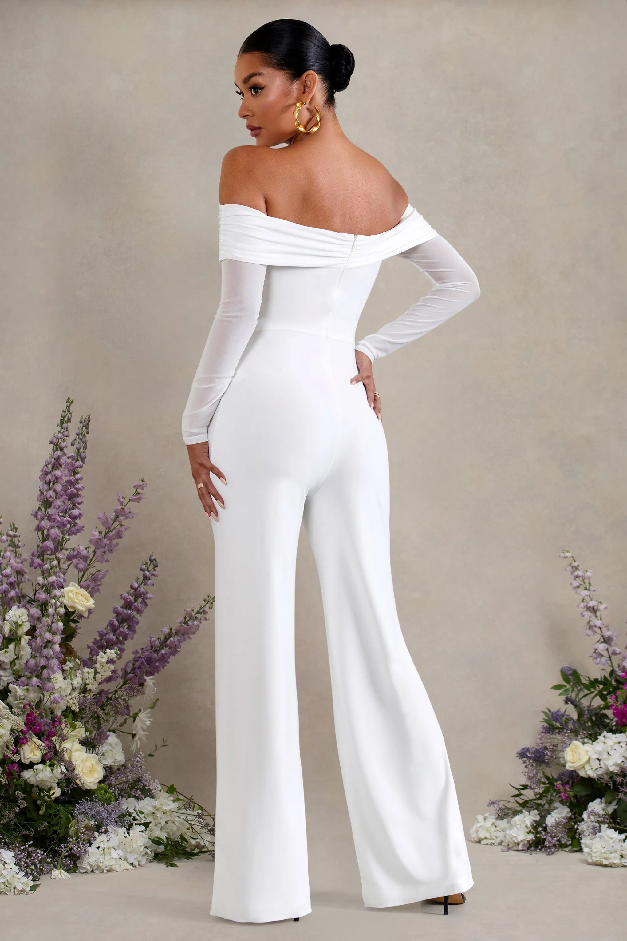 Kyla | White Ruched Bardot Long-Sleeved Wide-Leg Maternity Jumpsuit sold by Club L London product image thumbnail 2