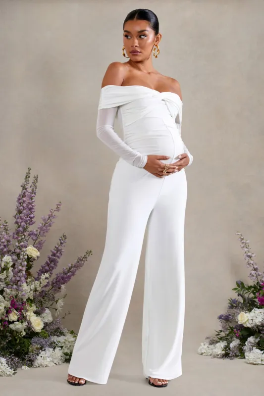 Kyla | White Ruched Bardot Long-Sleeved Wide-Leg Maternity Jumpsuit sold by Club L London