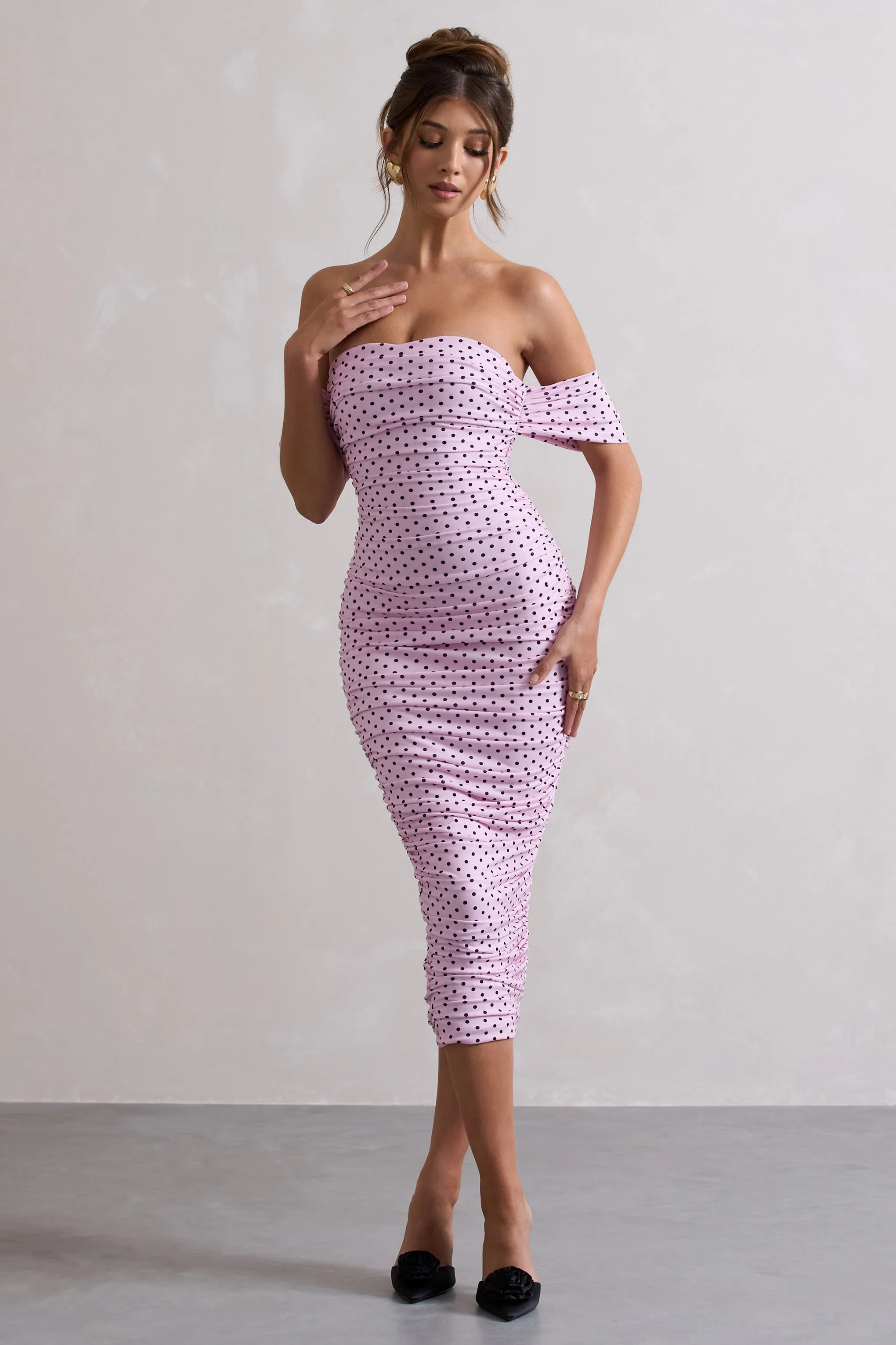 Lost For Words | Pink Polka Dot Bardot Ruched Draped Midi Dress sold by Club L London product image thumbnail 5