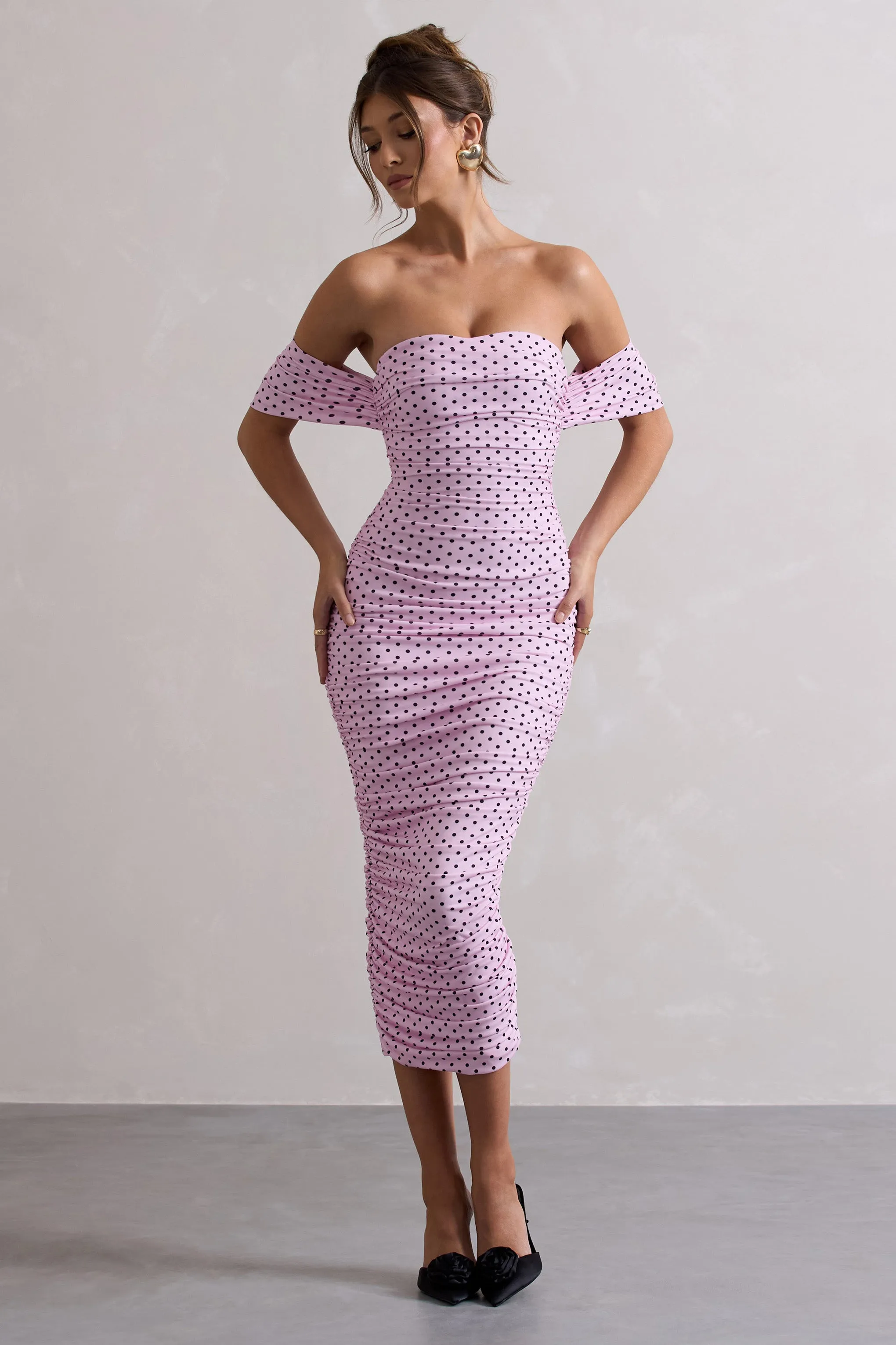 Lost For Words | Pink Polka Dot Bardot Ruched Draped Midi Dress sold by Club L London