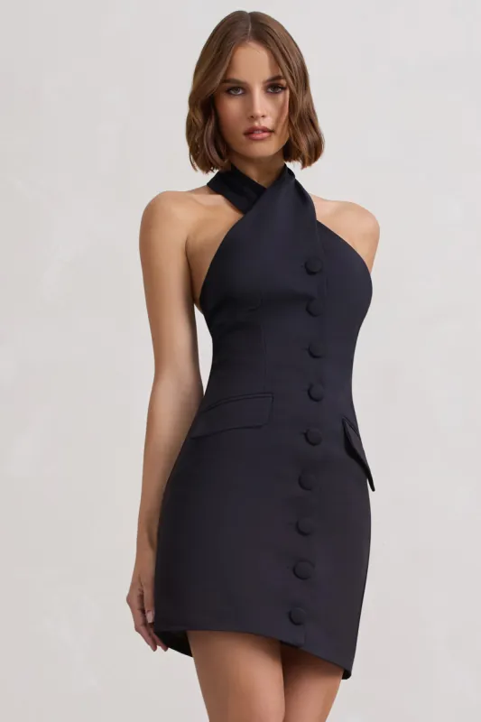 Dani | Black Halter Neck Tailored Buttoned Bodycon Mini Dress sold by Club L London