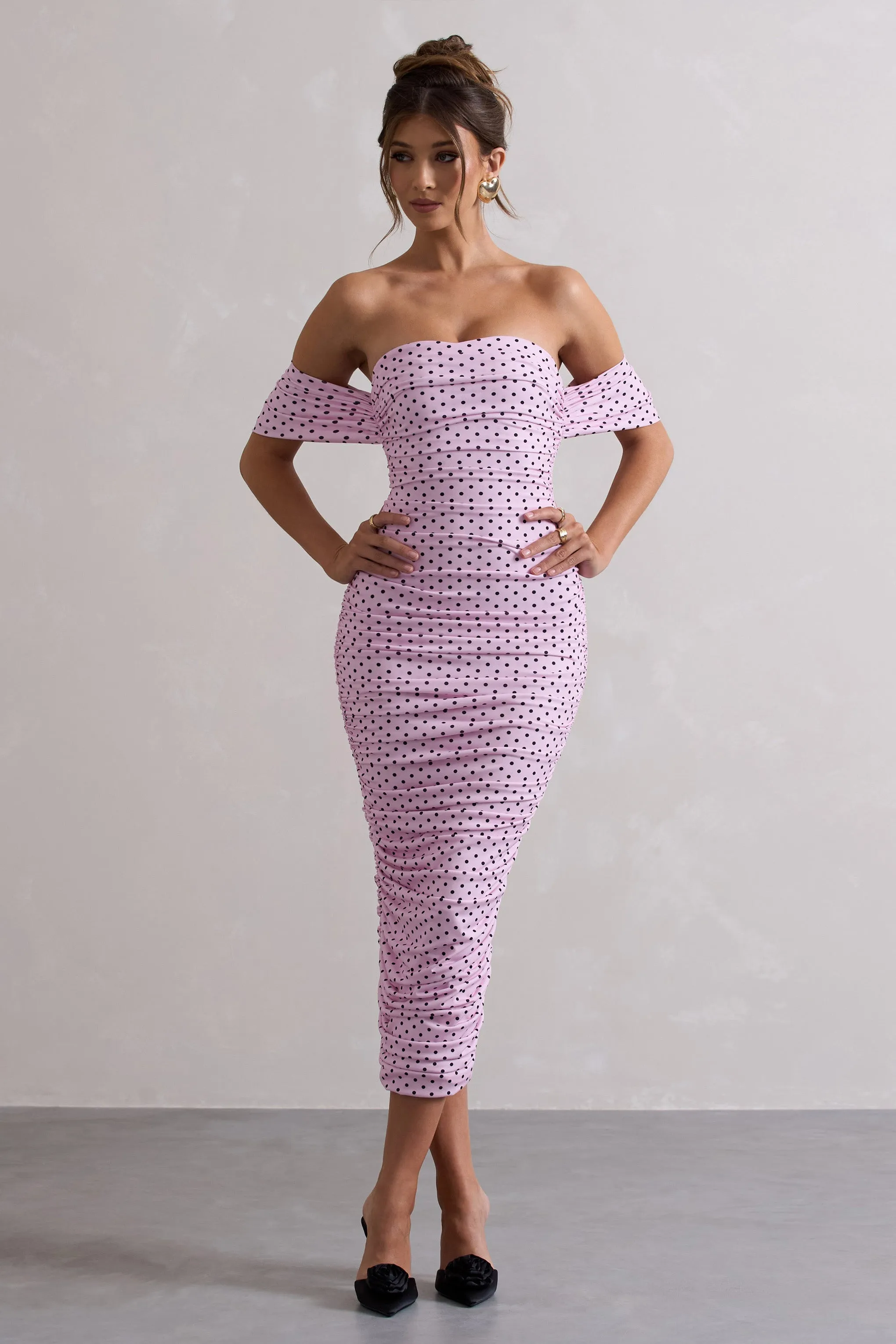 Lost For Words | Pink Polka Dot Bardot Ruched Draped Midi Dress sold by Club L London product image thumbnail 4