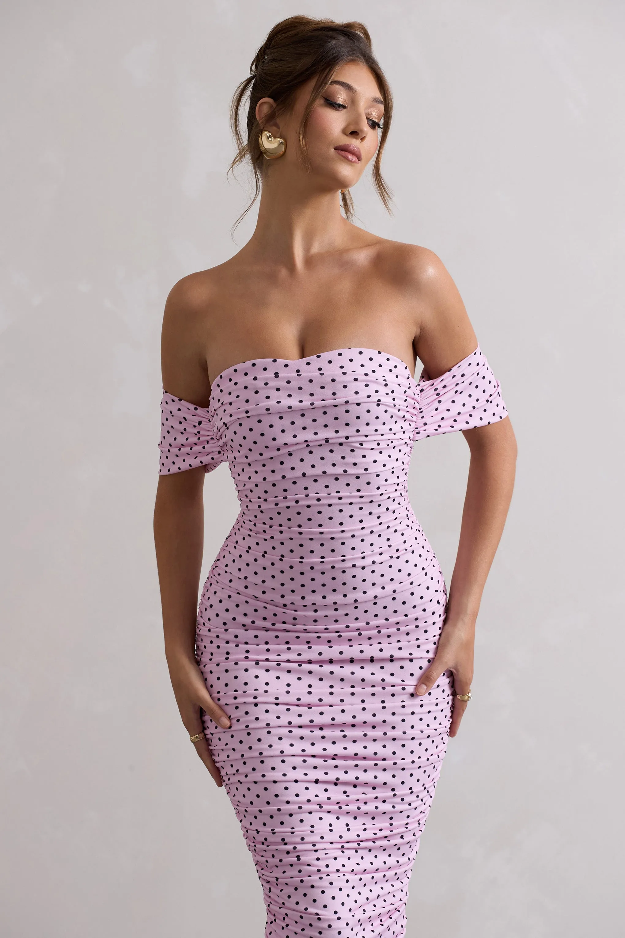 Lost For Words | Pink Polka Dot Bardot Ruched Draped Midi Dress sold by Club L London product image thumbnail 3