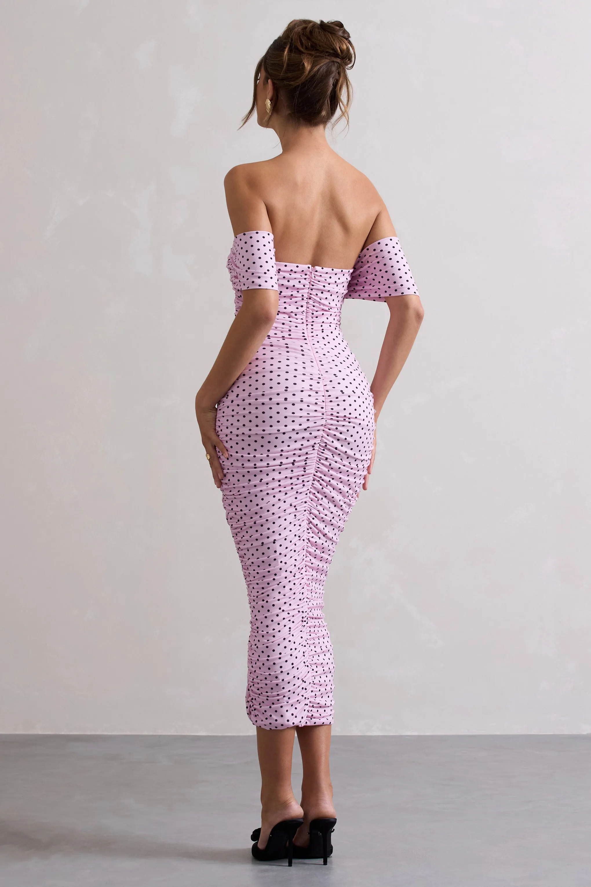 Lost For Words | Pink Polka Dot Bardot Ruched Draped Midi Dress sold by Club L London product image thumbnail 2