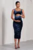 Lisbon | Navy Velvet Maternity Square Neck Ruched Midi Dress sold by Club L London
