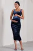 Lisbon | Navy Velvet Maternity Square Neck Ruched Midi Dress sold by Club L London