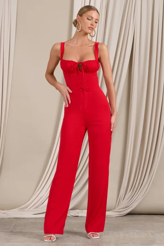 Nebbiolo | Red Strappy Laced Corset Jumpsuit sold by Club L London