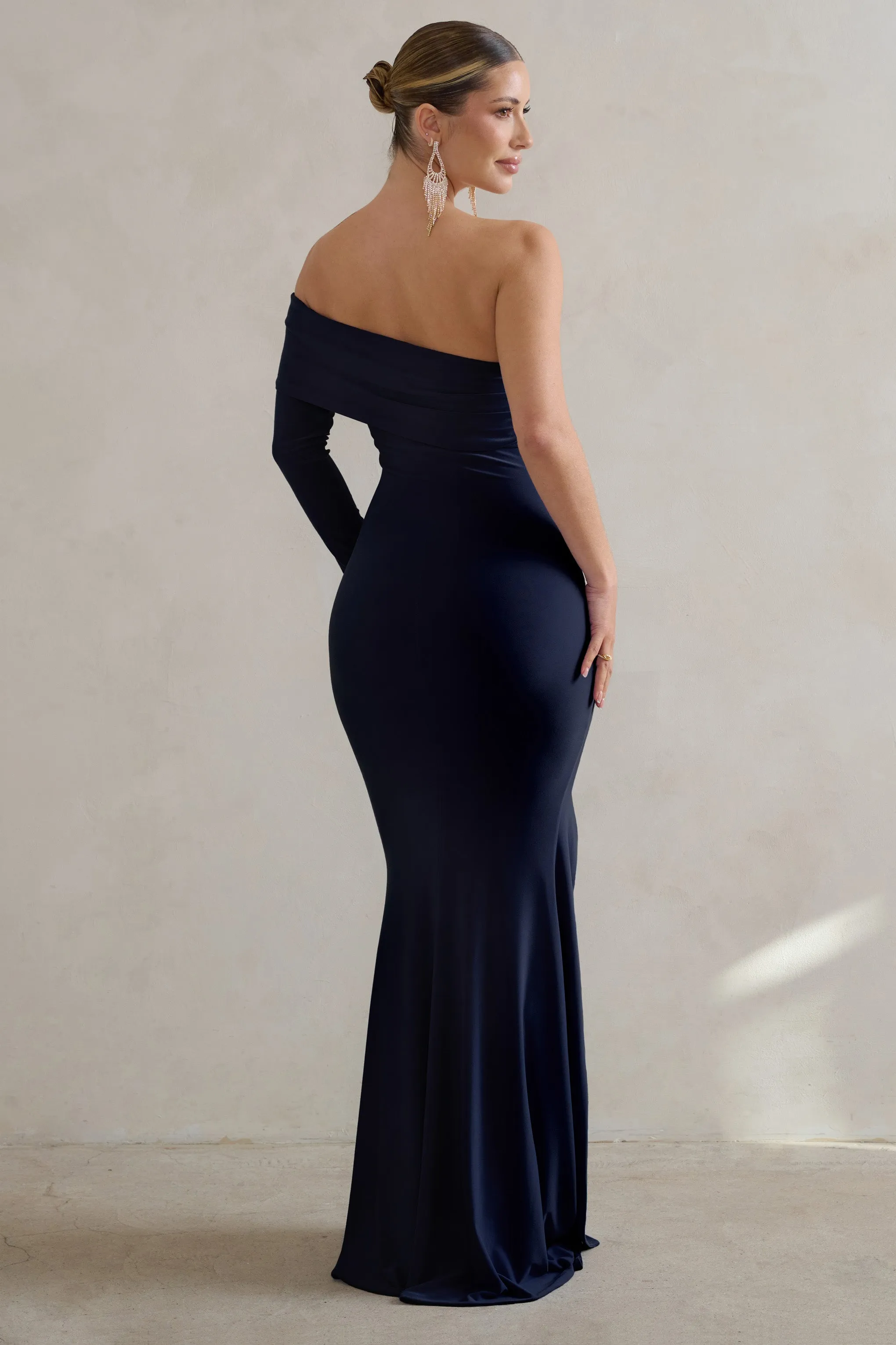 Meghan | Navy Bardot Neck Thigh Split Fishtail Maxi Dress sold by Club L London product image thumbnail 2