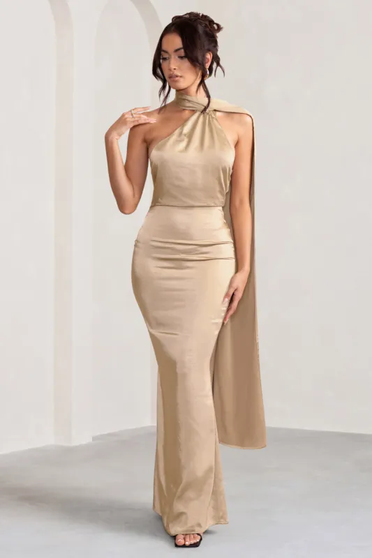 Mademoiselle | Champagne Satin Asymmetric Scarf Neck Backless Maxi Dress sold by Club L London