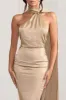 Mademoiselle | Champagne Satin Asymmetric Scarf Neck Backless Maxi Dress sold by Club L London