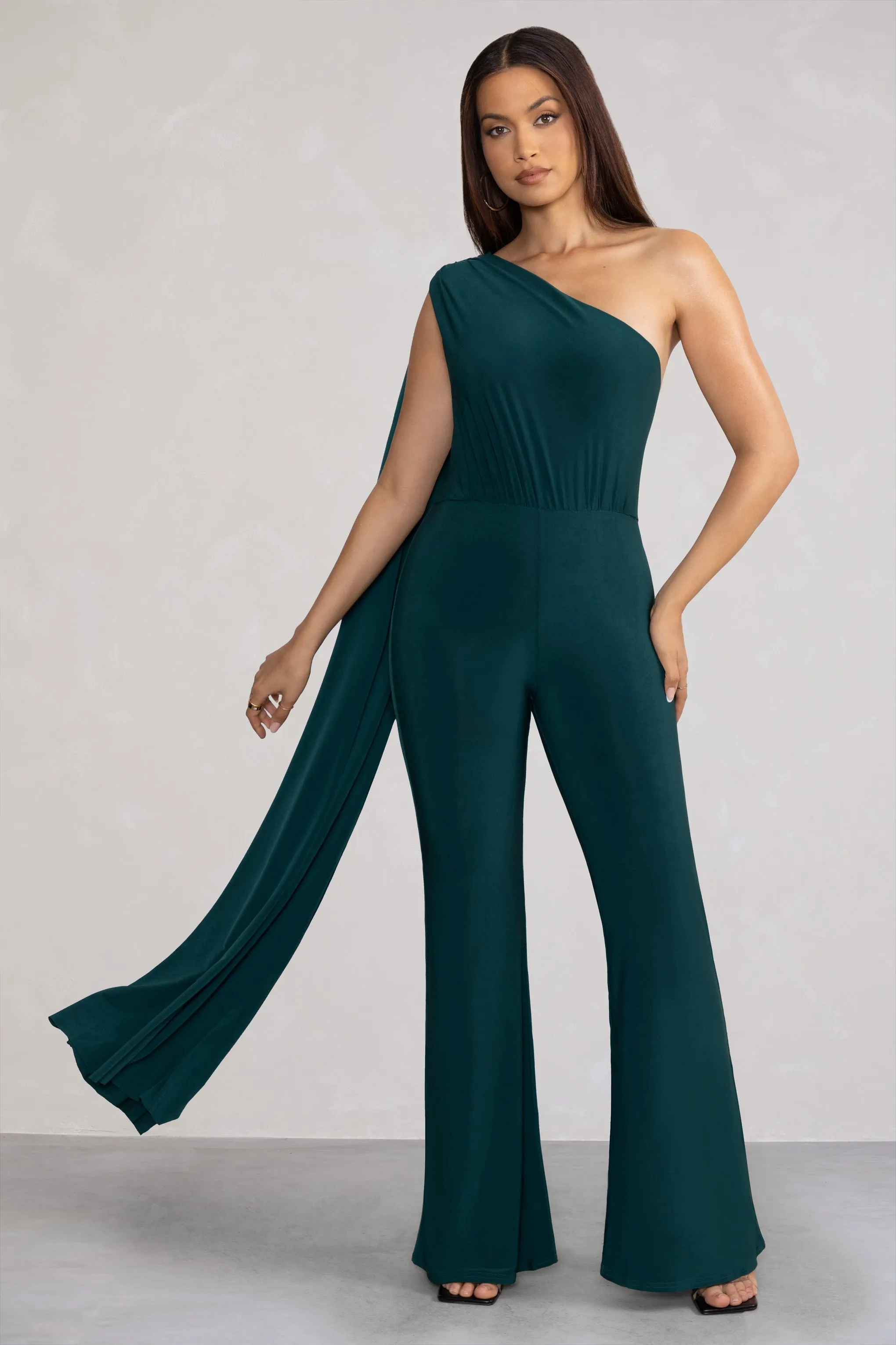 Aurora | Deep Green One Shoulder Cape Sleeve Jumpsuit sold by Club L London product image thumbnail 4