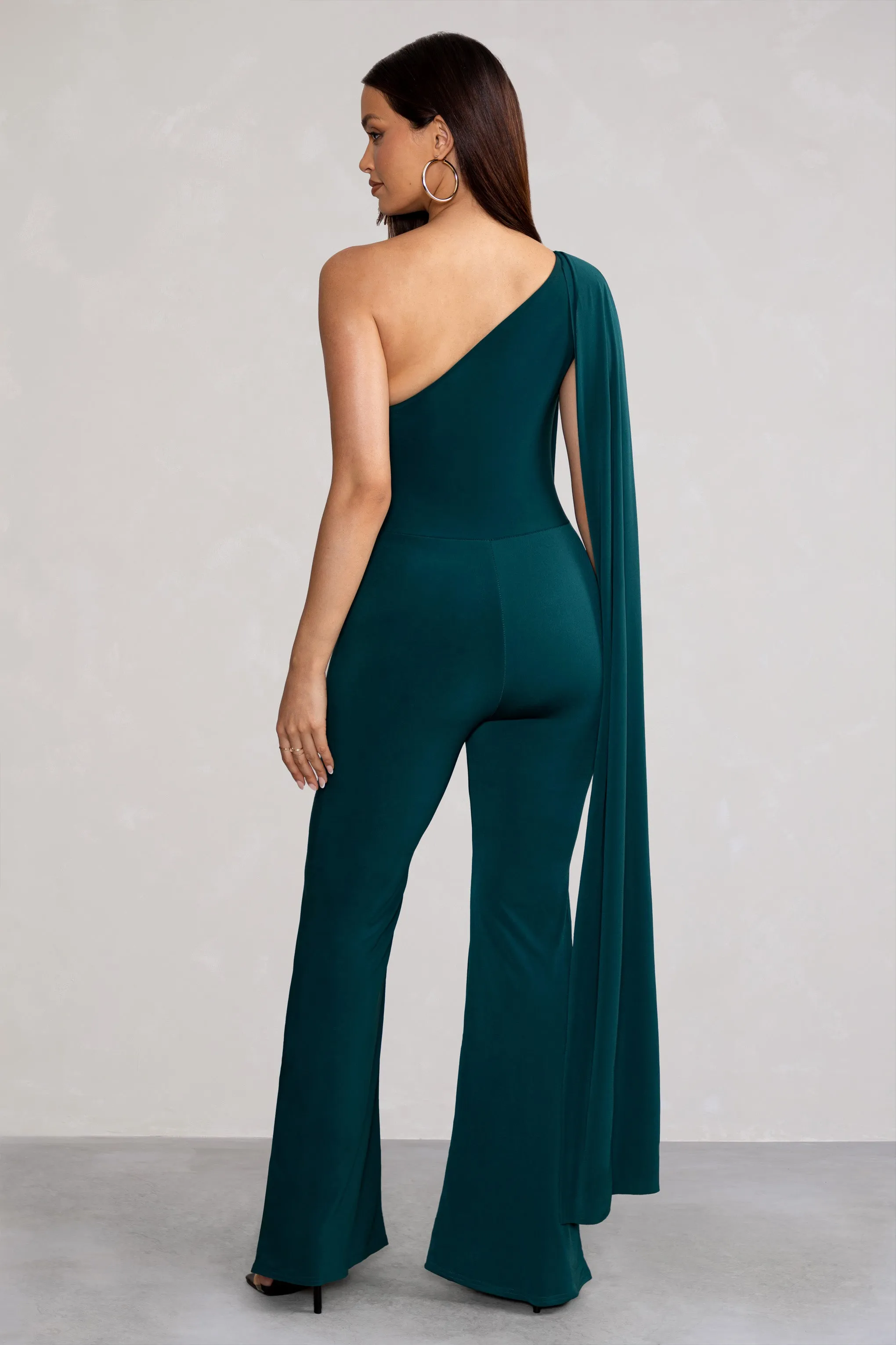 Aurora | Deep Green One Shoulder Cape Sleeve Jumpsuit sold by Club L London product image thumbnail 2