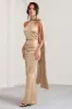 Mademoiselle | Champagne Satin Asymmetric Scarf Neck Backless Maxi Dress sold by Club L London