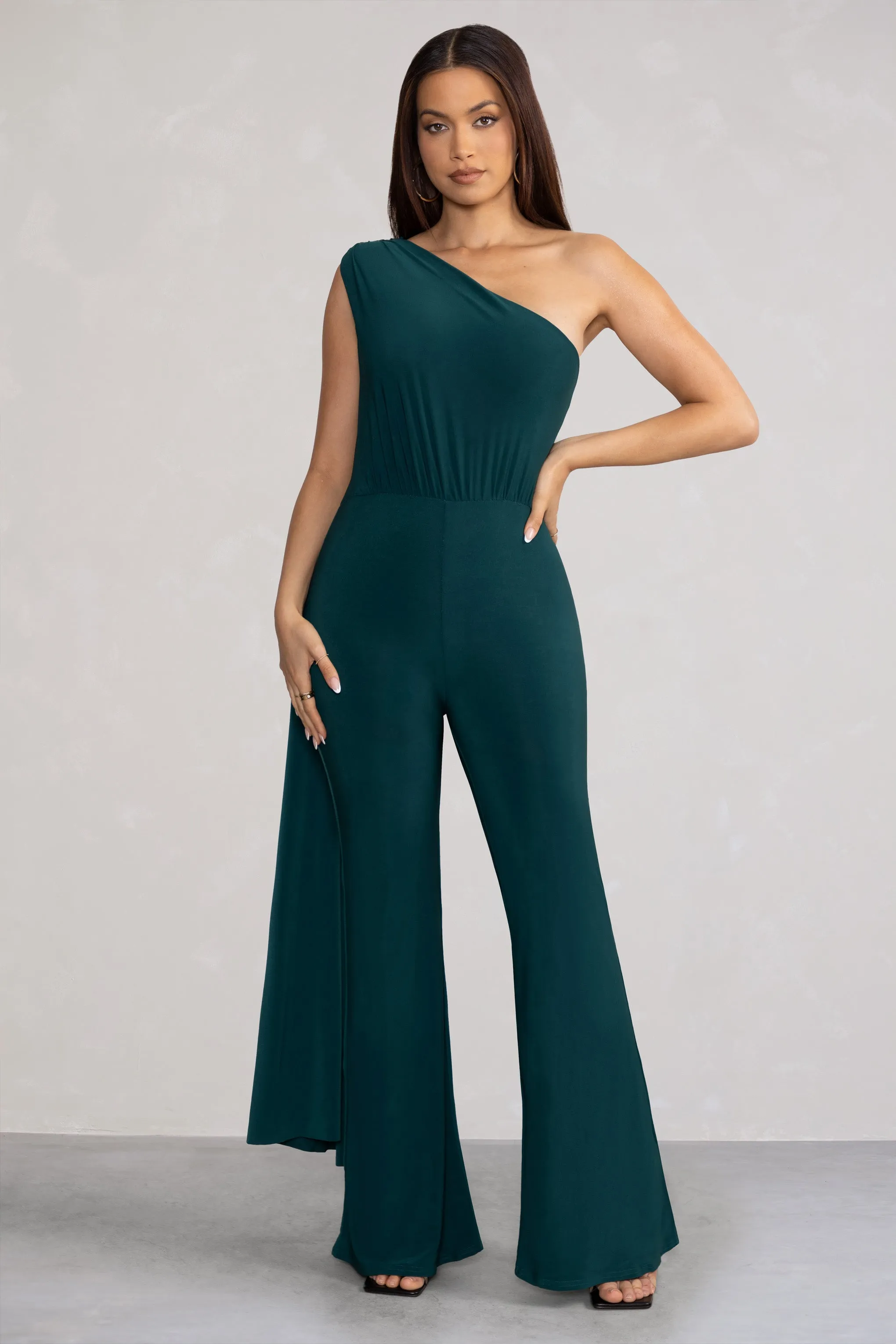 Aurora | Deep Green One Shoulder Cape Sleeve Jumpsuit sold by Club L London