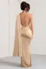 Mademoiselle | Champagne Satin Asymmetric Scarf Neck Backless Maxi Dress sold by Club L London