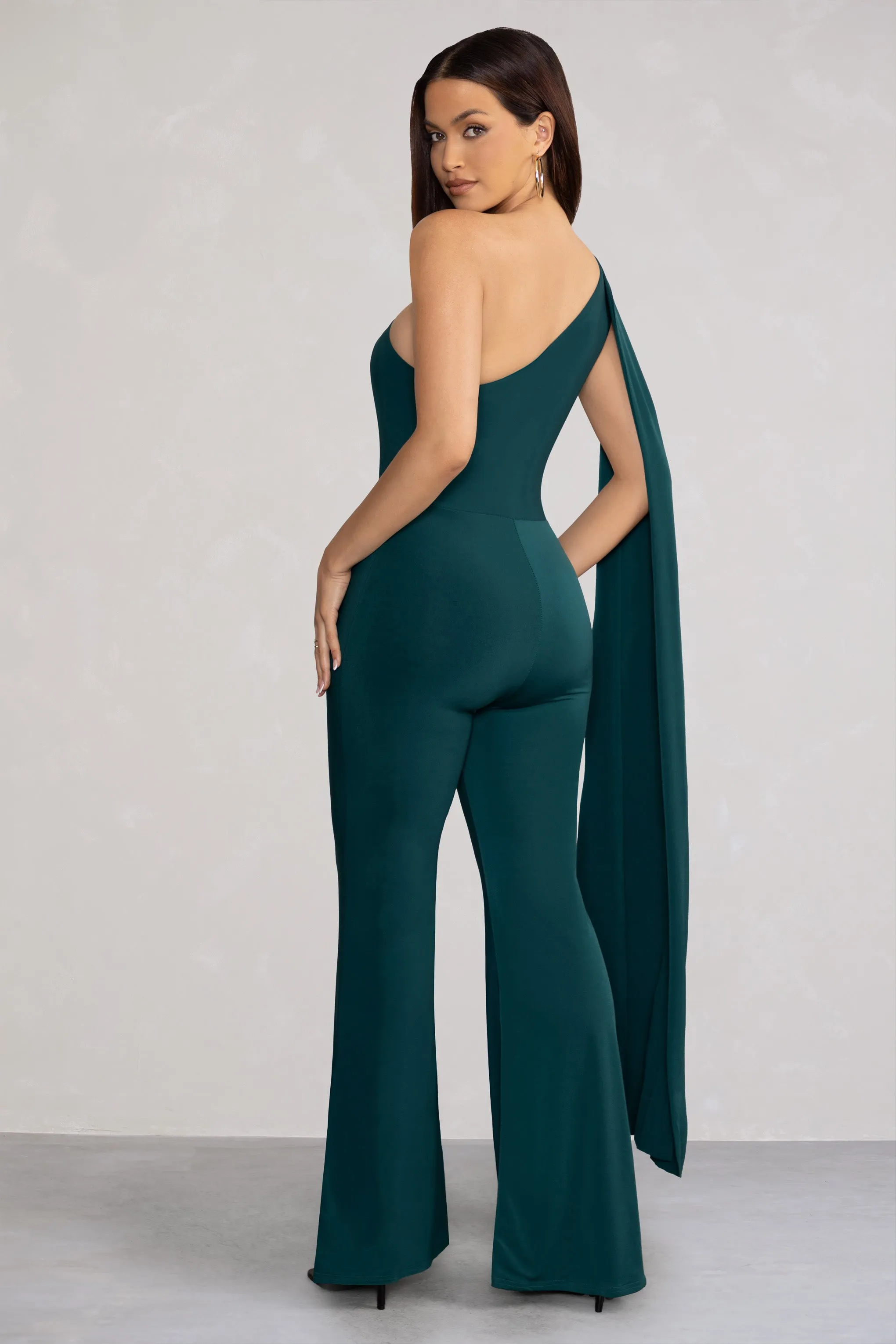 Aurora | Deep Green One Shoulder Cape Sleeve Jumpsuit sold by Club L London product image thumbnail 5