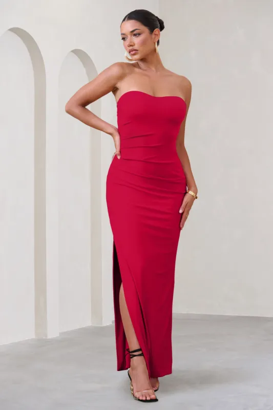 Manon | Red Sweetheart Bandeau Maxi Dress With Thigh Split sold by Club L London