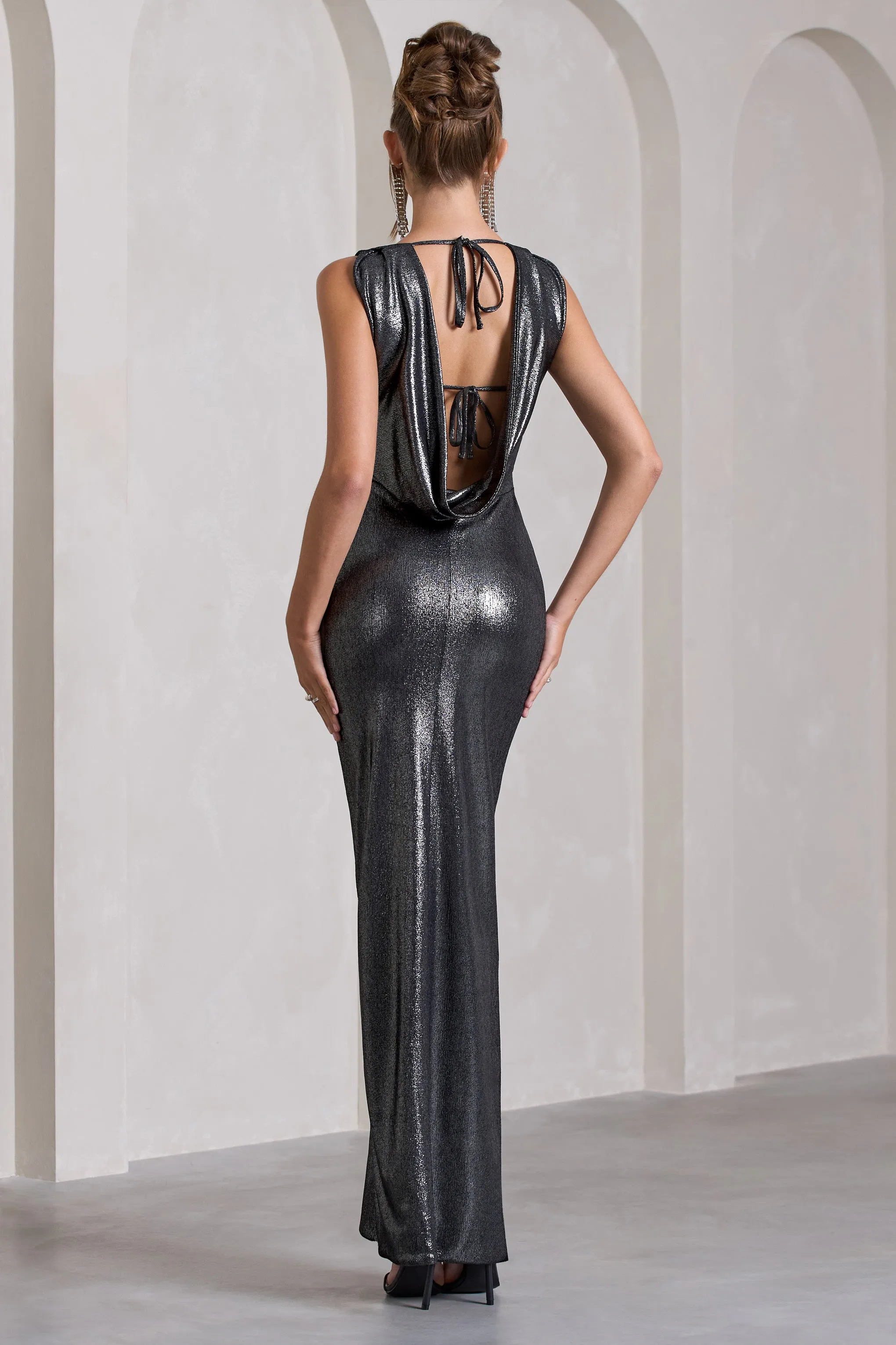 Night To Remember | Silver Metallic Open-Back Split Maxi Dress sold by Club L London product image thumbnail 2