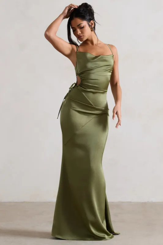 Carter | Olive Green Satin Cowl-Neck Maxi Dress With Cut-Out made by Club L London