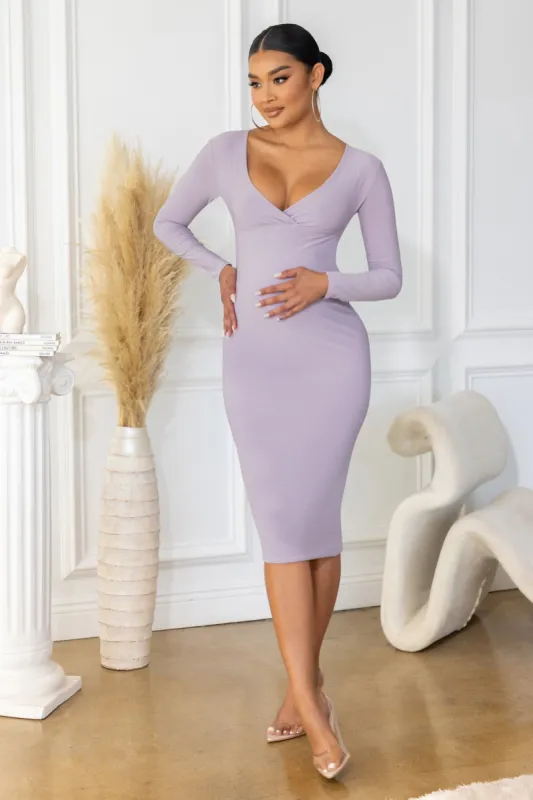 My Time | Taupe Maternity Plunge Neck Long Sleeve Midi Dress sold by Club L London