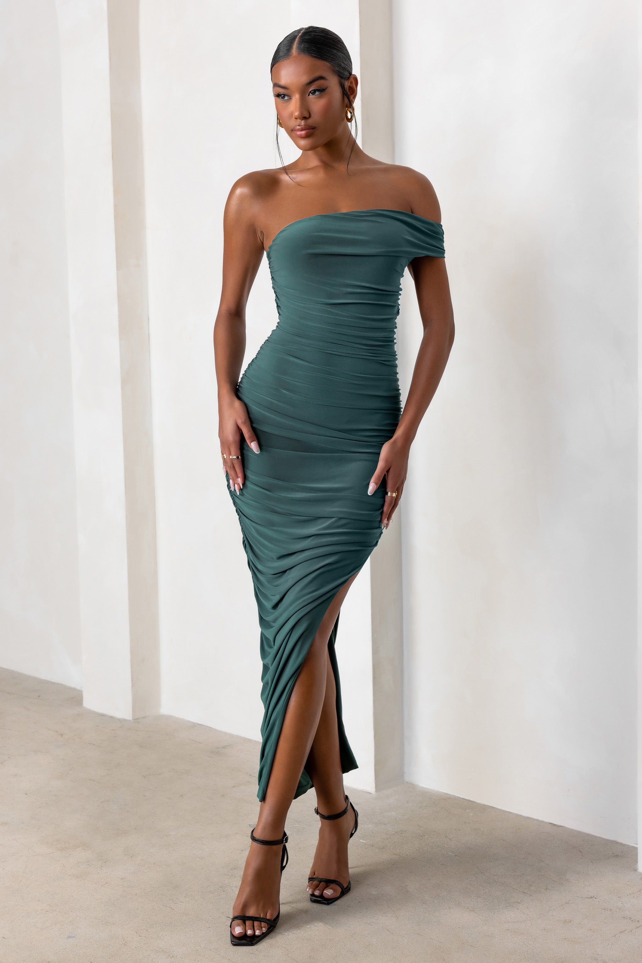 Celine | Forest Green Asymmetric One Shoulder Ruched Maxi Dress With Curved Cut Out sold by Club L London product image thumbnail 4