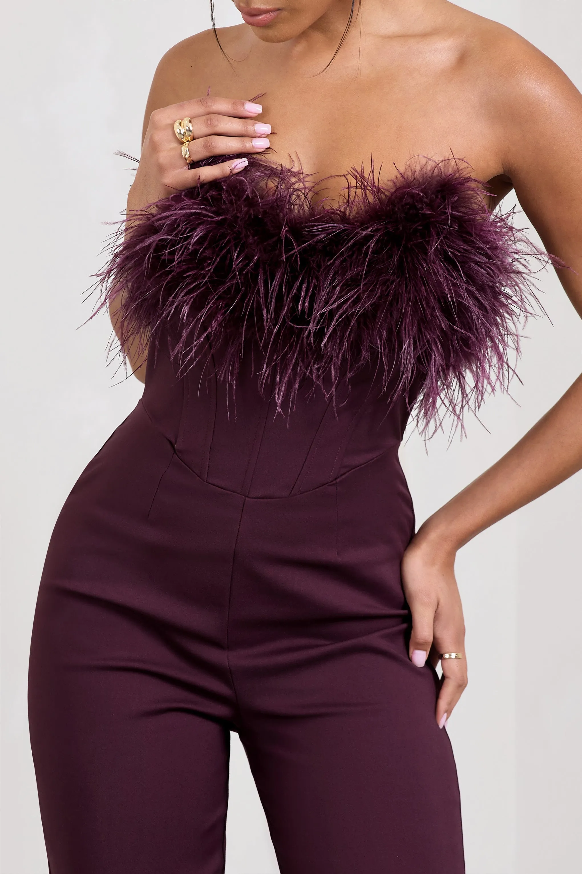 Tessa | Burgundy Shaped Neckline Corset Jumpsuit With Feather Trim Detail sold by Club L London product image thumbnail 4