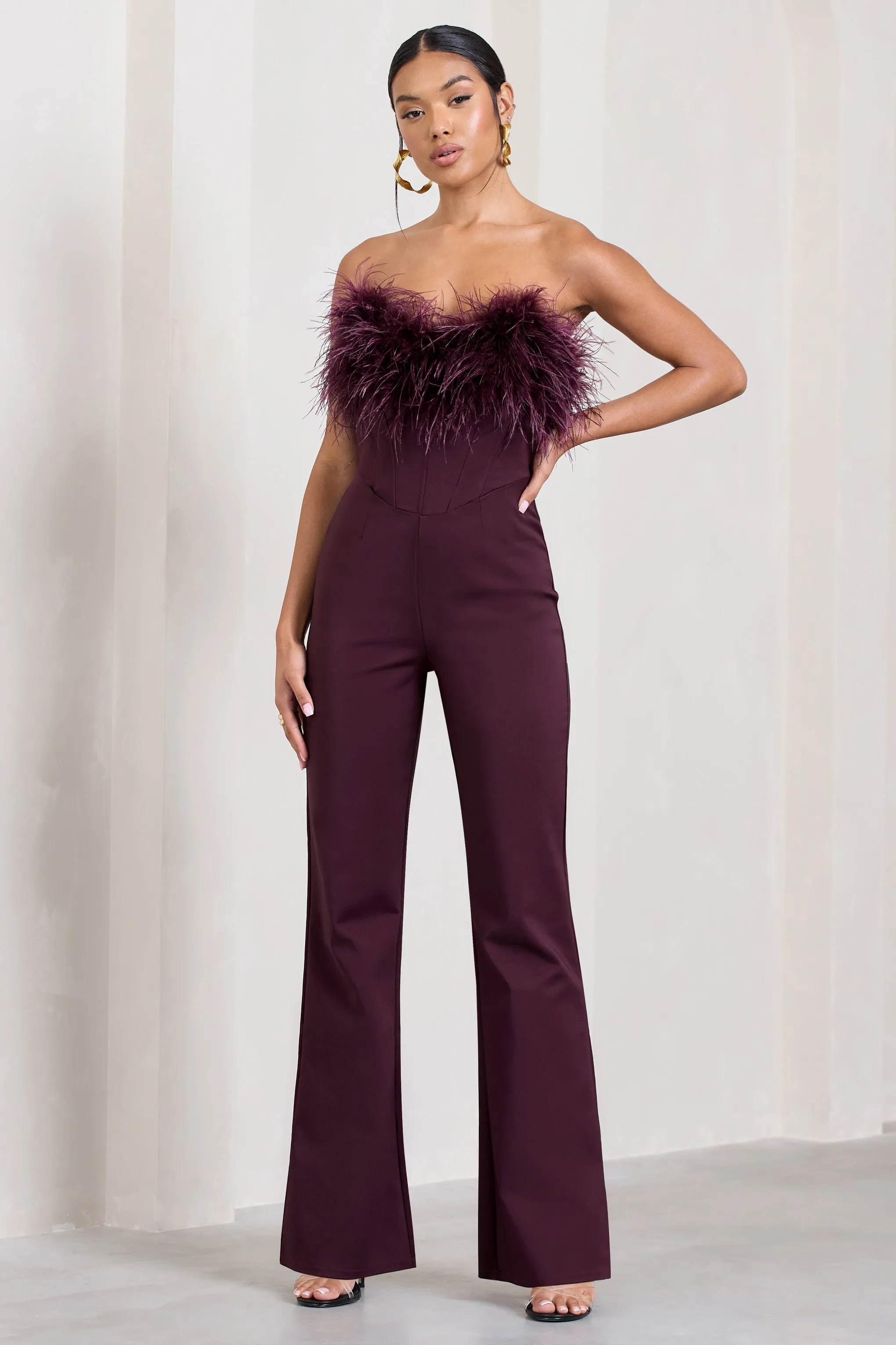Tessa | Burgundy Shaped Neckline Corset Jumpsuit With Feather Trim Detail sold by Club L London product image thumbnail 5