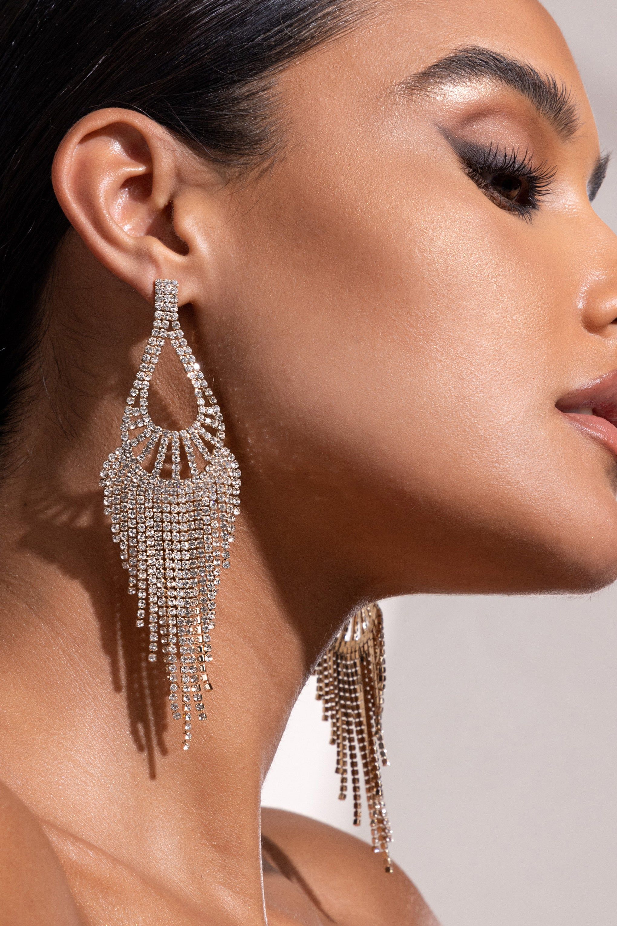 Fiorenza | Gold Diamante Teardrop Tassel Earrings sold by Club L London product image thumbnail 2