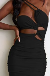 Midsummer | Black Asymmetric Neck Ruched Midi Dress With Cut Out sold by Club L London