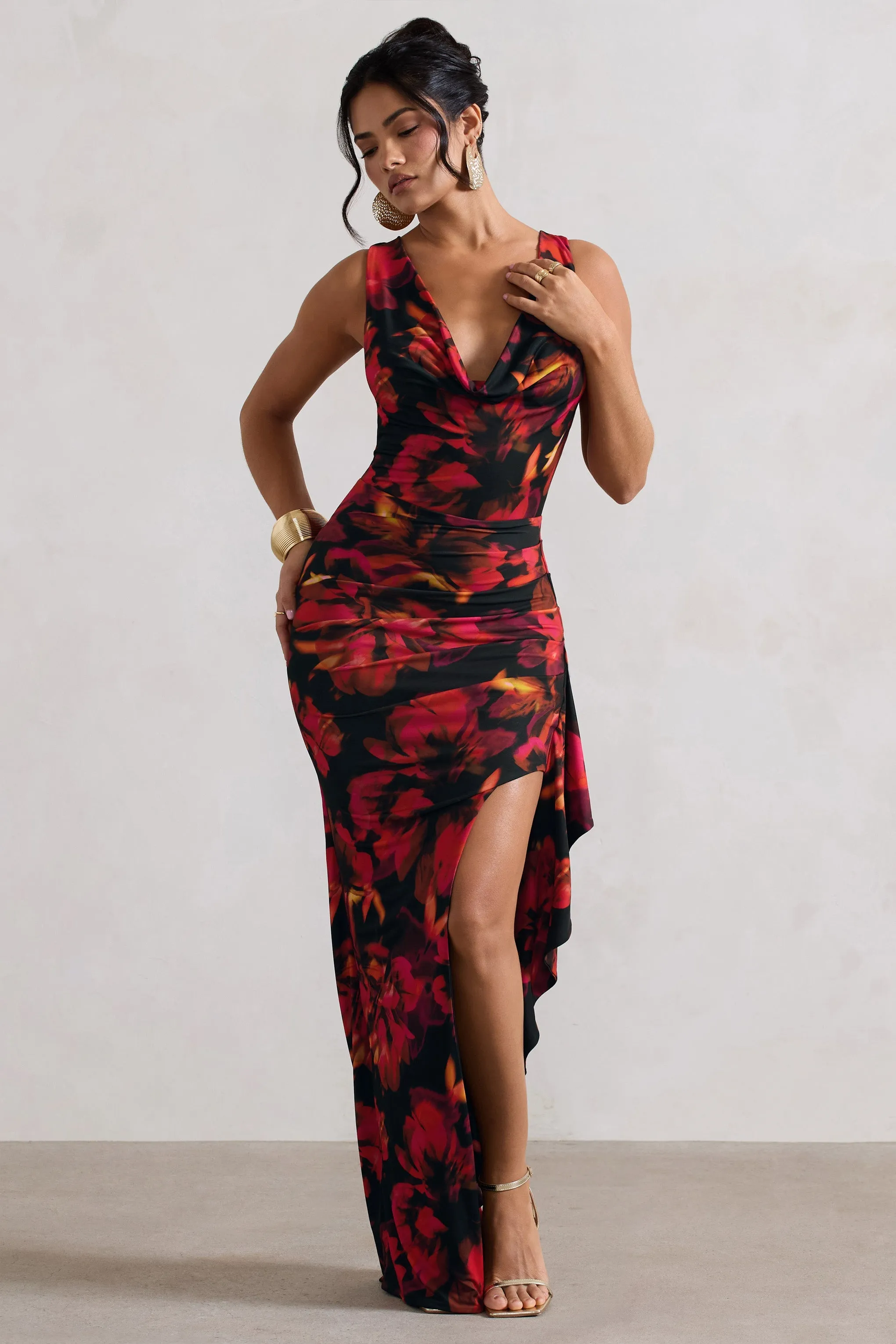 Kaida | Orange Floral Print Cowl-Neck Ruffled Split Maxi Dress sold by Club L London