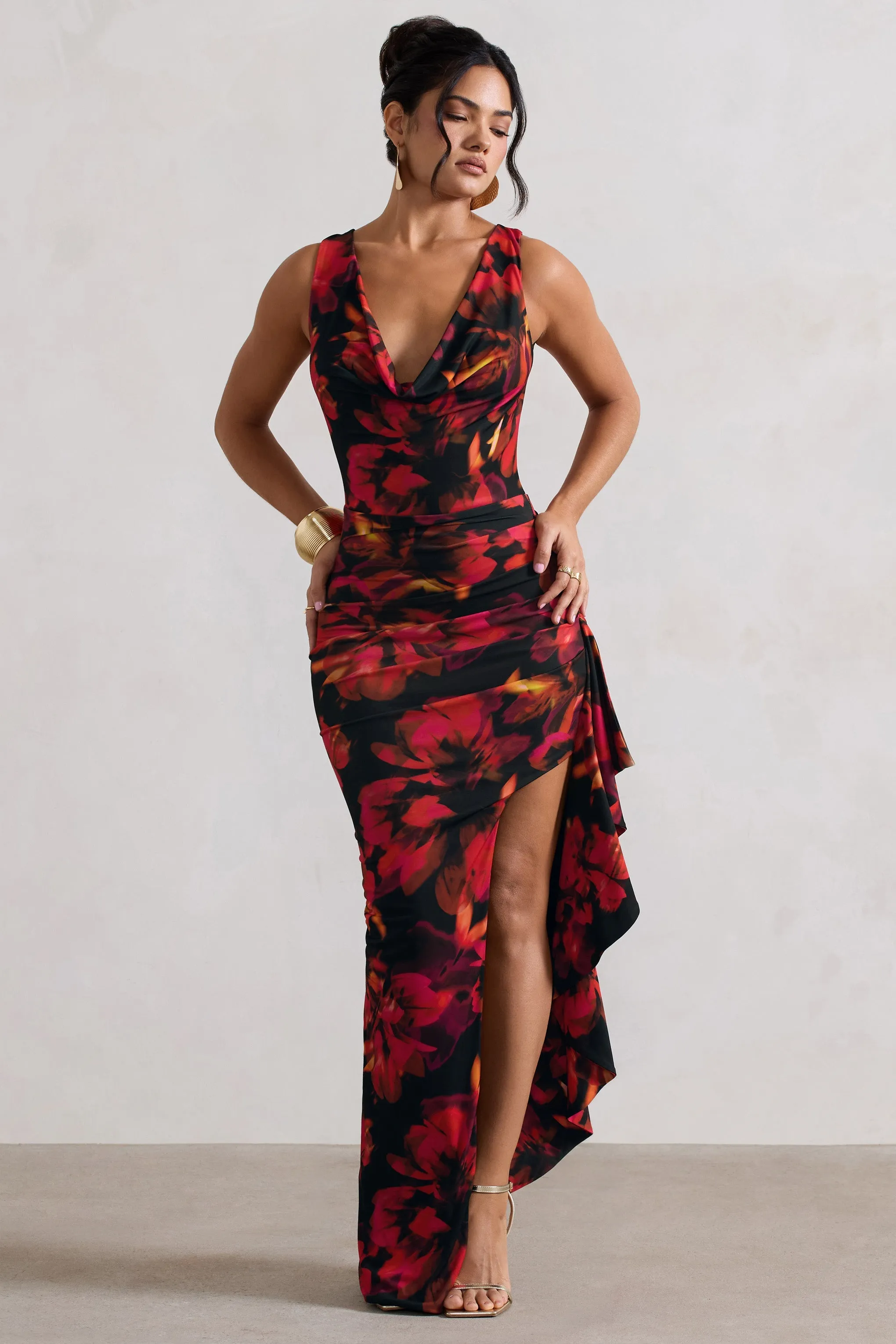 Kaida | Orange Floral Print Cowl-Neck Ruffled Split Maxi Dress sold by Club L London product image thumbnail 5