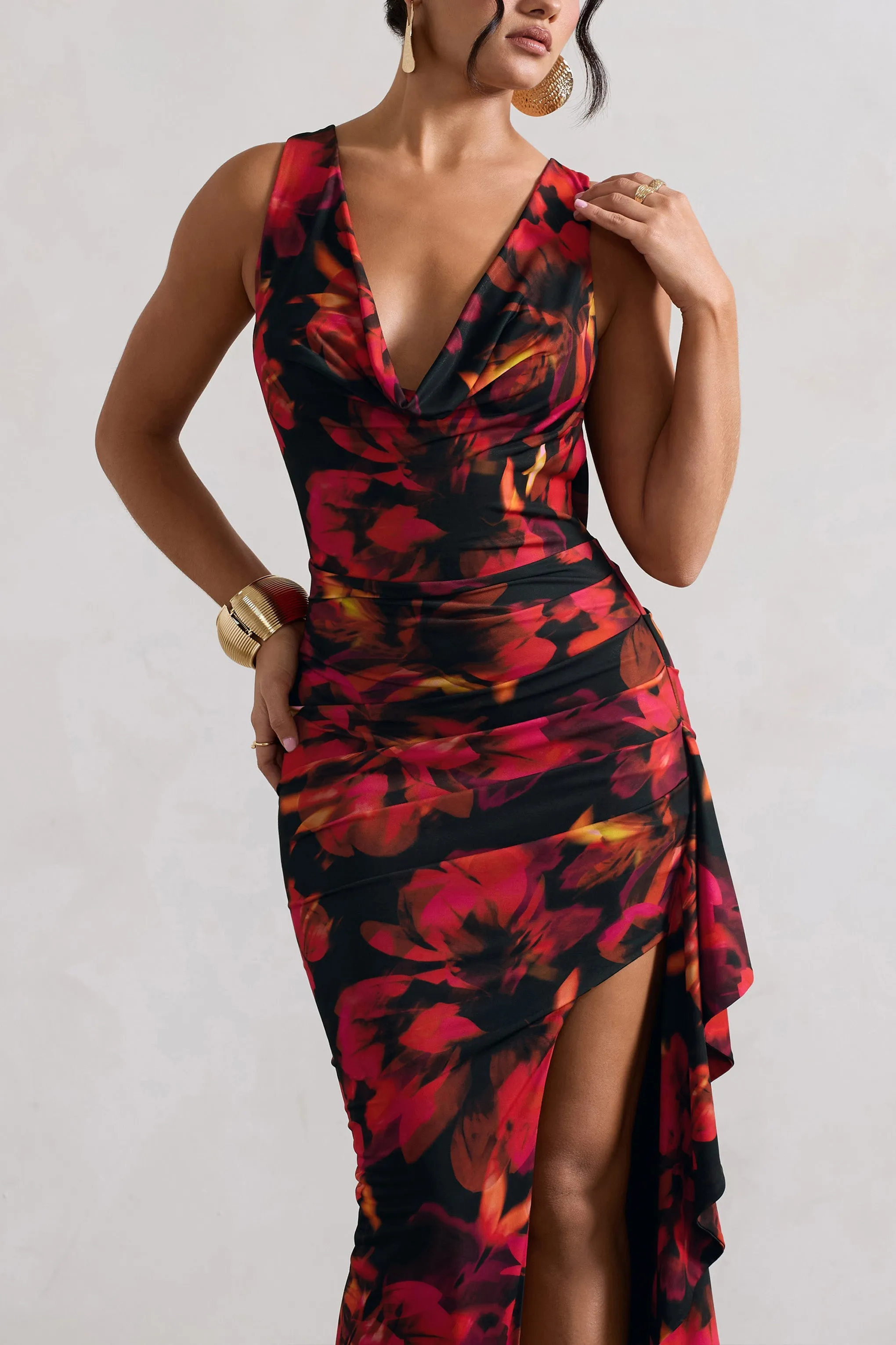 Kaida | Orange Floral Print Cowl-Neck Ruffled Split Maxi Dress sold by Club L London product image thumbnail 3