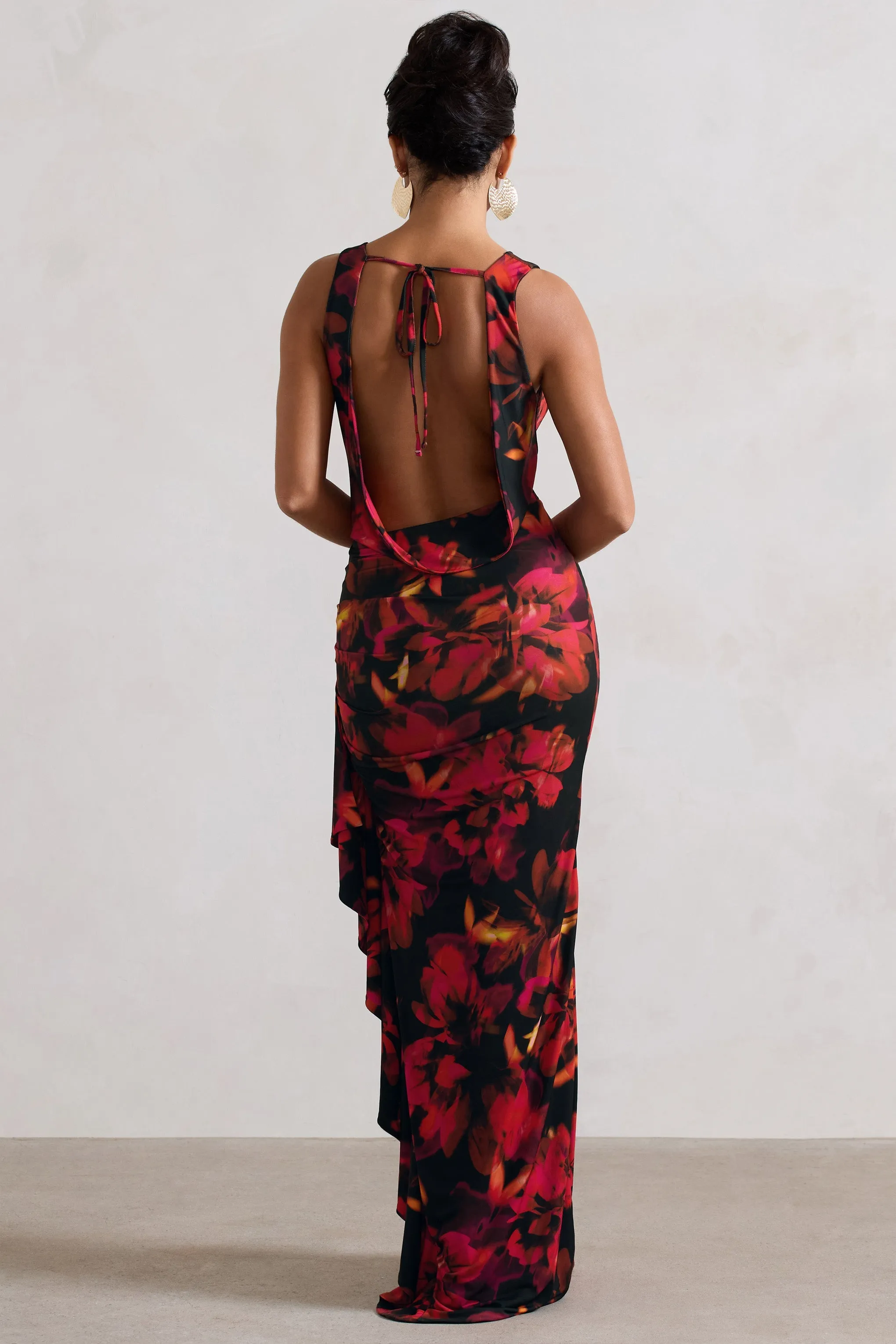 Kaida | Orange Floral Print Cowl-Neck Ruffled Split Maxi Dress sold by Club L London product image thumbnail 2