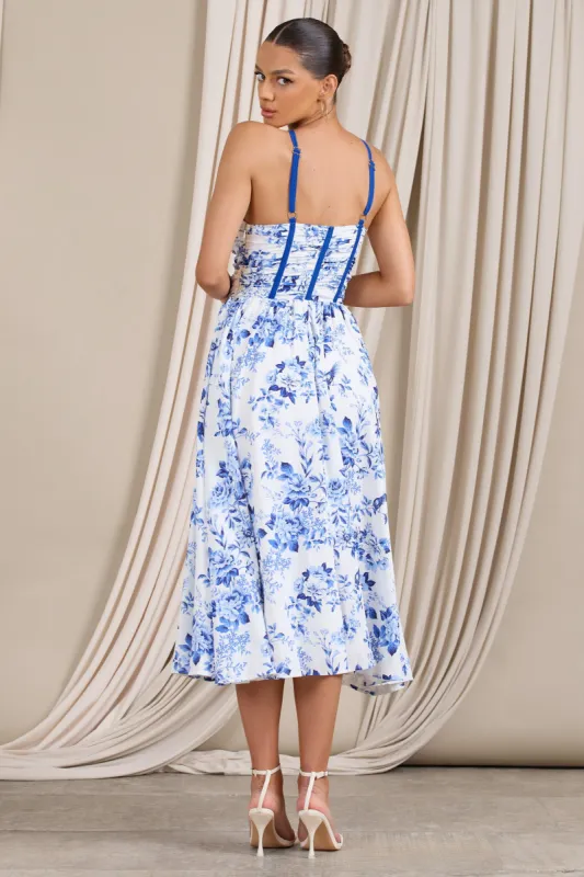 Lady Loren | Blue Floral Ruched Cross-Strap Split Midi Dress | Parallel Lady Loren | Blue Floral Ruched Cross-Strap Split Midi Dress | Parallel