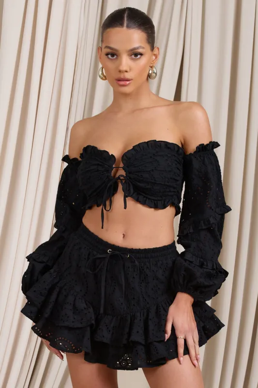 Postcard | Black Lace Bardot Puff-Sleeved Crop Top sold by Club L London