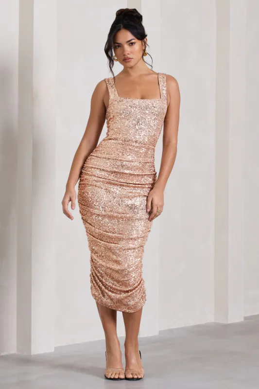 Starry Night | Gold Sequin Square-Neck Midi Dress sold by Club L London
