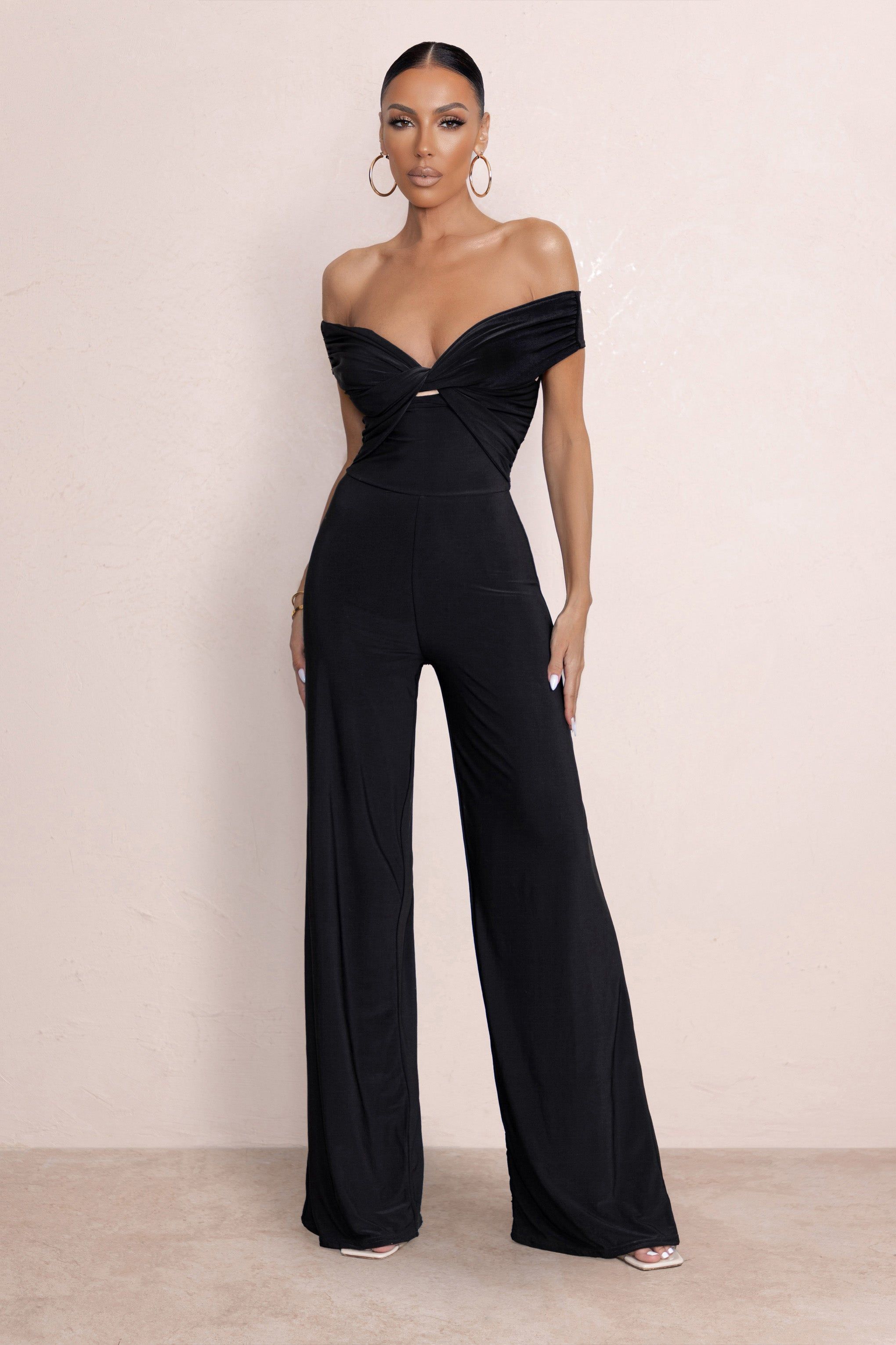 Say Less | Black Bardot Front Wrap Wide Leg Jumpsuit sold by Club L London product image thumbnail 4