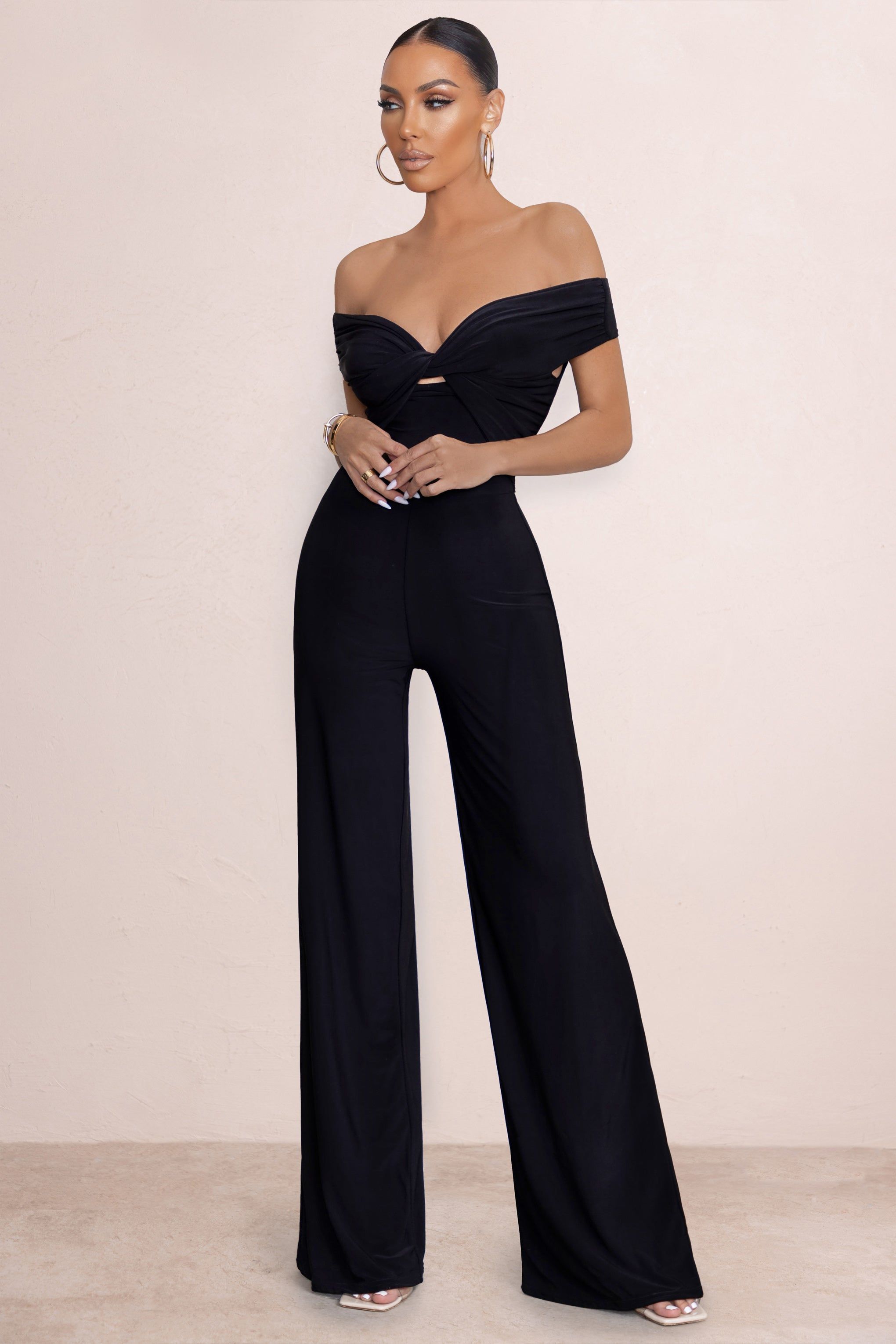 Say Less | Black Bardot Front Wrap Wide Leg Jumpsuit sold by Club L London